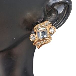 Authentic Vintage Swarovski Swan Logo Gold Tone Crystal Scroll Clip On Earrings